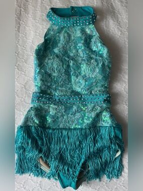 10TH HOUSE ONE PIECE LC TURQUOISE BLUE LACE SEQUIN DANCE COSTUMERHINESTONES